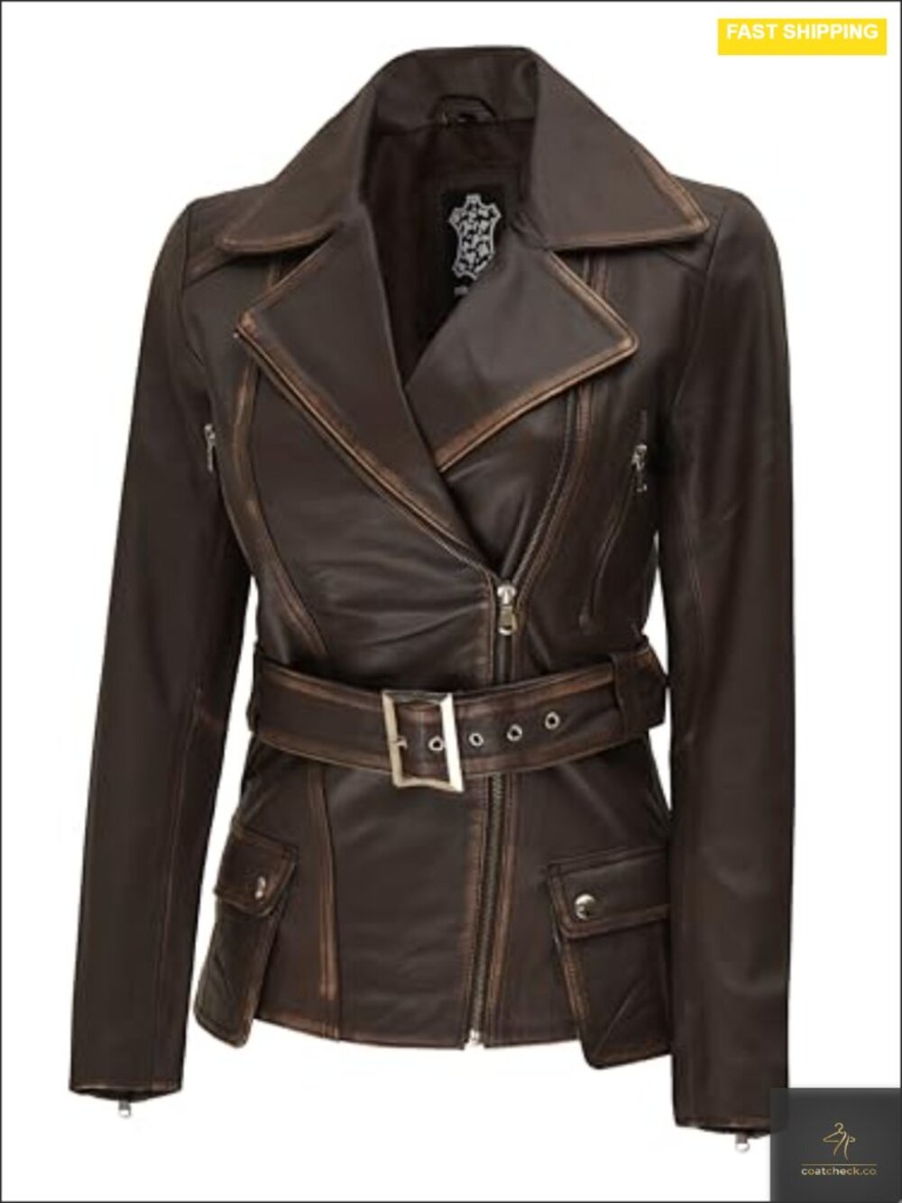 Women's Asymmetrical Belted Lambskin Leather Jacket Long Outerwear